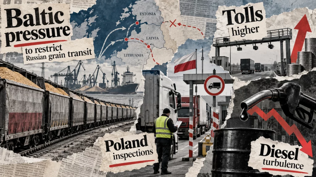 Газетный коллаж о запрете транзита российского зерна через Балтию, проверках фур в Польше и изменениях цен на дизель