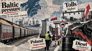 Газетный коллаж о запрете транзита российского зерна через Балтию, проверках фур в Польше и изменениях цен на дизель