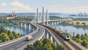 Illustration of the Poland–Baltics transport corridor with road, railway, port and dual-use infrastructure