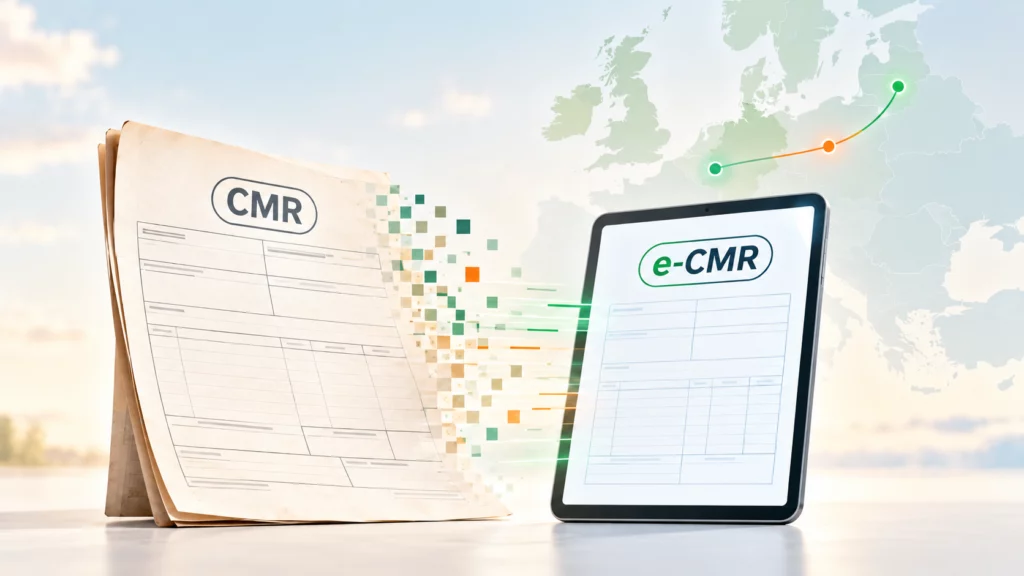 Бумажная накладная CMR превращается в электронную e-CMR на планшете, на фоне карты Европы